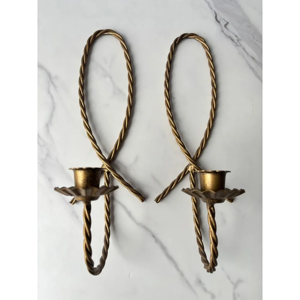 Vintage Gold Twisted Metal Wall Sconce Candle Holders Pair Loop Hollywood Reg